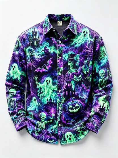 Moisture-Wicking Halloween Castle Pumpkin Ghost Bat Chest Pocket Long-Sleeve Casual Shirt