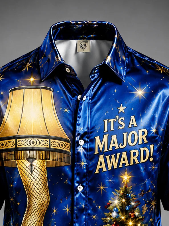 Breathable Silk Satin Christmas Leg Lamp Chest Pocket Hawaiian Shirt