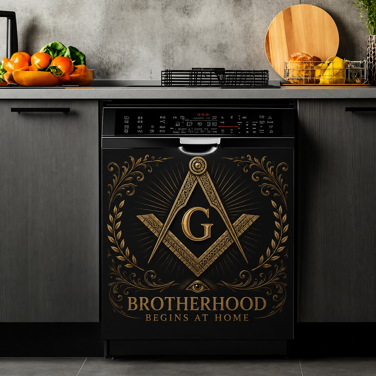 🏛️ Masonic Dishwasher Sticker – Brotherhood Begins At Home Black & Gold Kitchen Decor