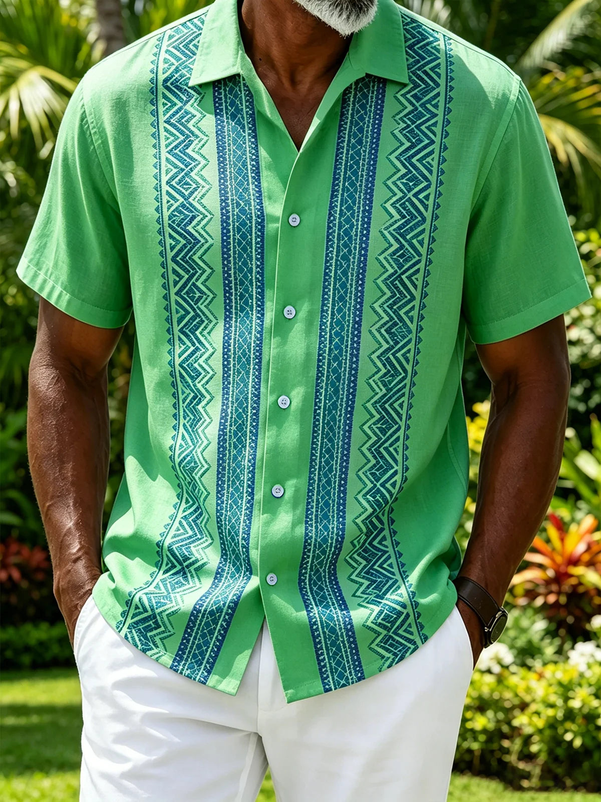 Linen-Texture Abstract Striped Chest Pocket Casual Guayabera Shirt
