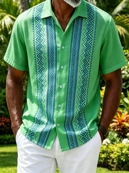 Linen-Texture Abstract Striped Chest Pocket Casual Guayabera Shirt