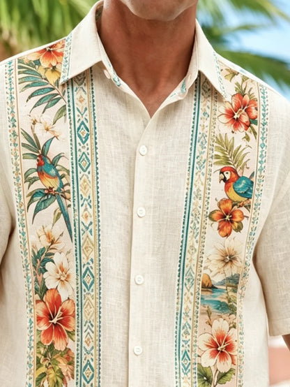 Linen-Texture Geometric Stripe & Parrot Floral Guayabera Shirt
