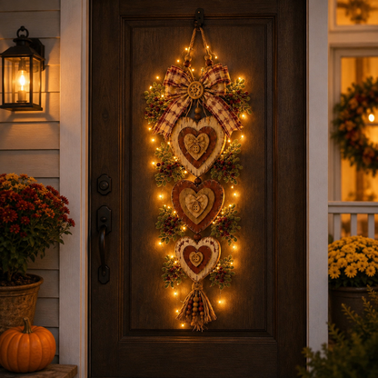 Lighted Rustic Heart Christmas Wall Hanging – Farmhouse Plaid Bow Door Decor