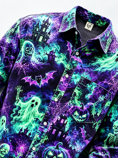 Moisture-Wicking Halloween Castle Pumpkin Ghost Bat Chest Pocket Long-Sleeve Casual Shirt