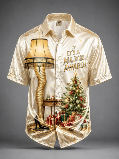 Breathable Silk Satin Christmas Leg Lamp Chest Pocket Hawaiian Shirt