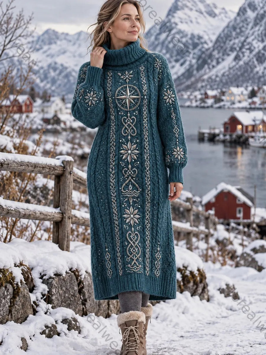 Women's Vintage Nordic-Inspired Classic High-Neck Dress