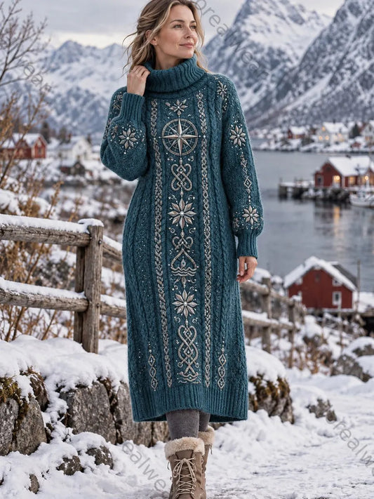 Women's Vintage Nordic-Inspired Classic High-Neck Dress