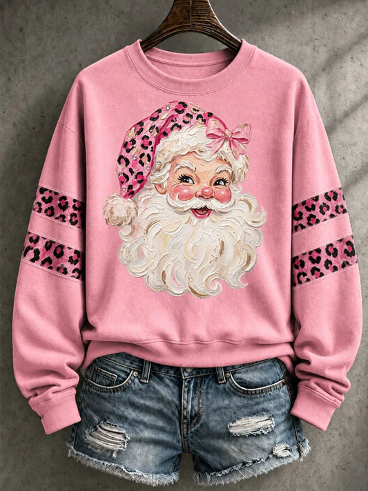 Women's Christmas Leopard-Print Santa Graphic Long-Sleeve Sweatshirt