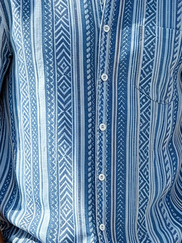 Linen-Texture Geometric Stripe  Chest Pocket Holiday Hawaiian Shirt