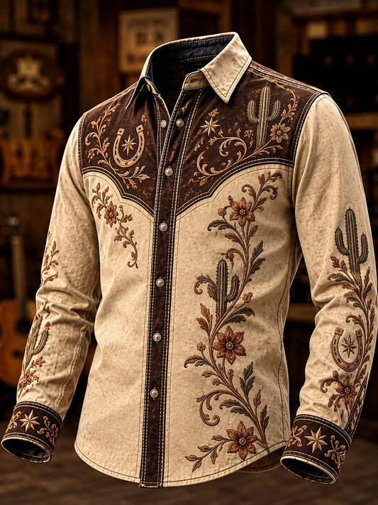Men's Vintage Western Saguaro Cactus And Blooming Floral Vine Print Long Sleeve Shirt