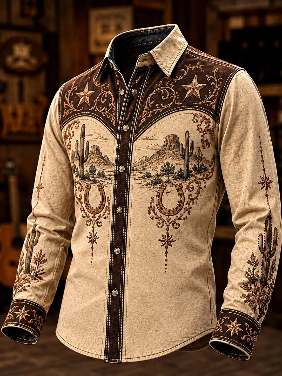 Men's Vintage Western Desert Mesa And Saguaro Cactus Scenery Print Long Sleeve Shirt