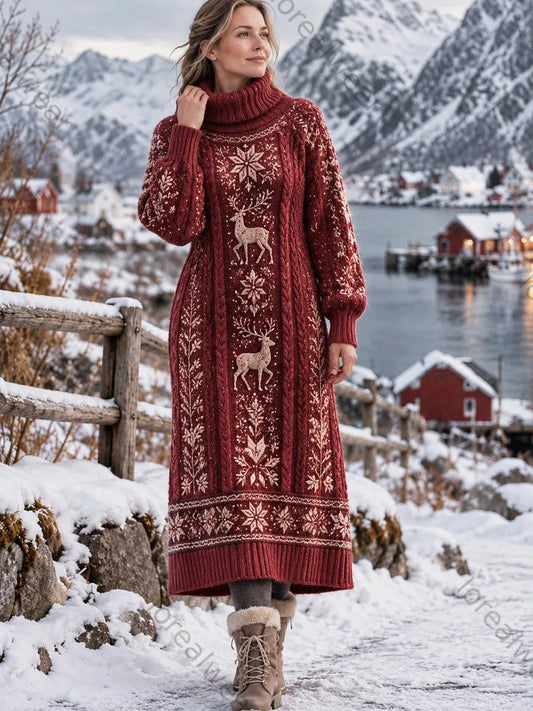 Women's Retro Nordic Moose Classic High-Neck Dress