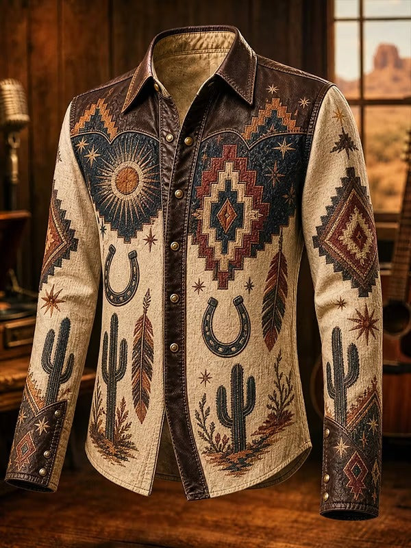 Men's Vintage Western Print Long Sleeve Shirt