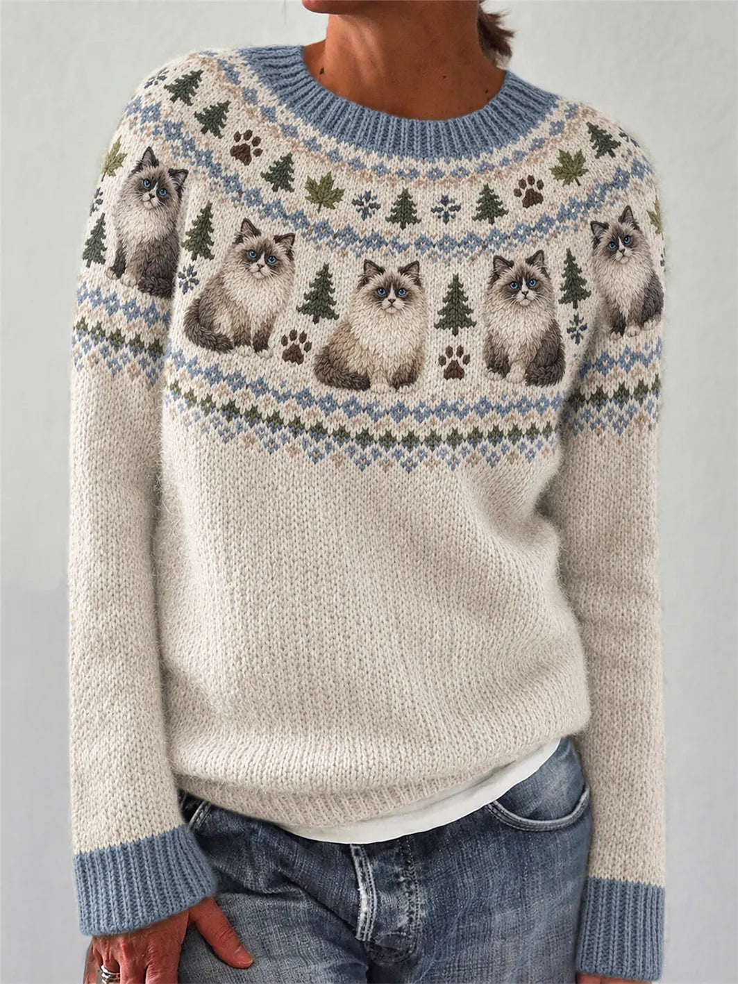 Women's cute cat pattern design casual long-sleeve sweater