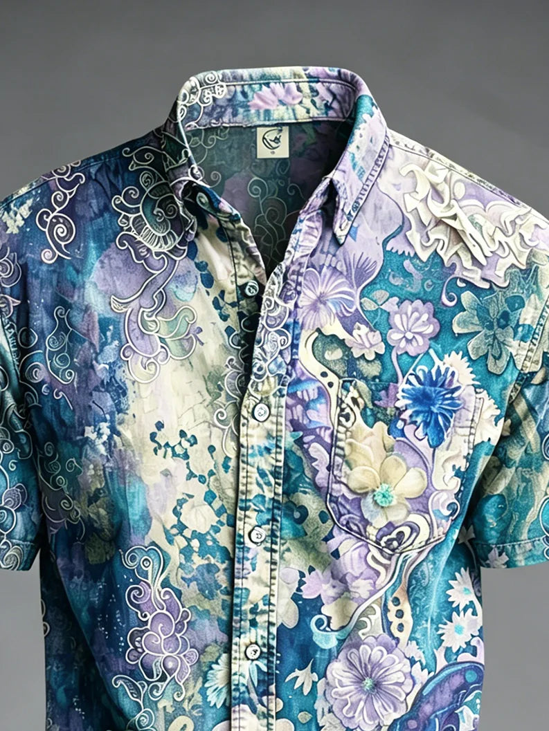 Moisture-Wicking Abstract Gradient Floral Print Chest Pocket Hawaiian Shirt