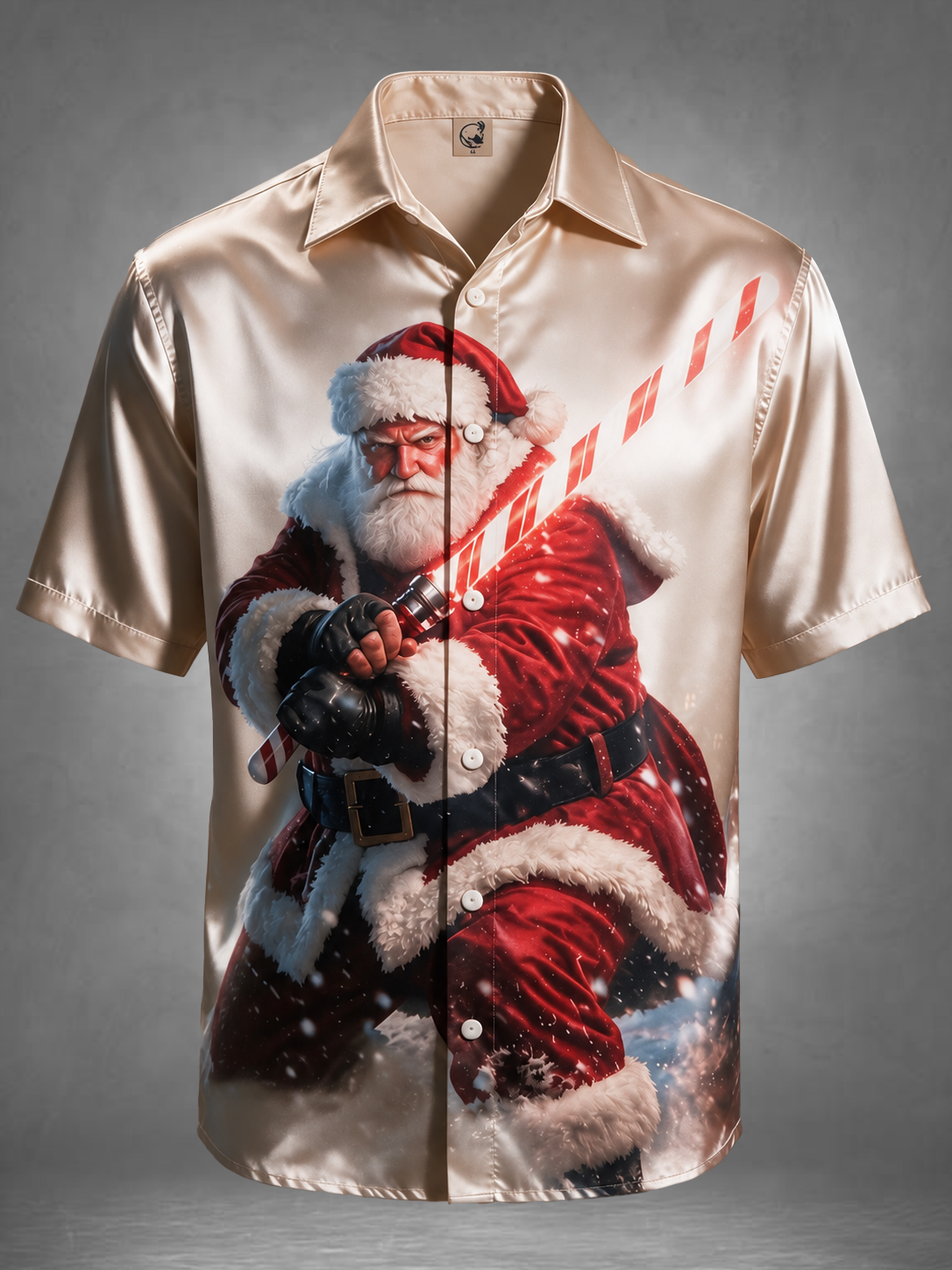 Breathable Silk Satin Christmas Sci‑Fi Warrior Santa Claus Candy Cane Lightsaber Winter Snow Scene Ocket Holiday Hawaiian Shirt