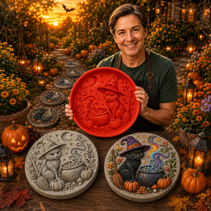 Reusable Round Halloween Stepping Stone Silicone Mold – DIY Garden Decor Featuring Witch's Cat, Skull, Pumpkin, and Ghost Designs