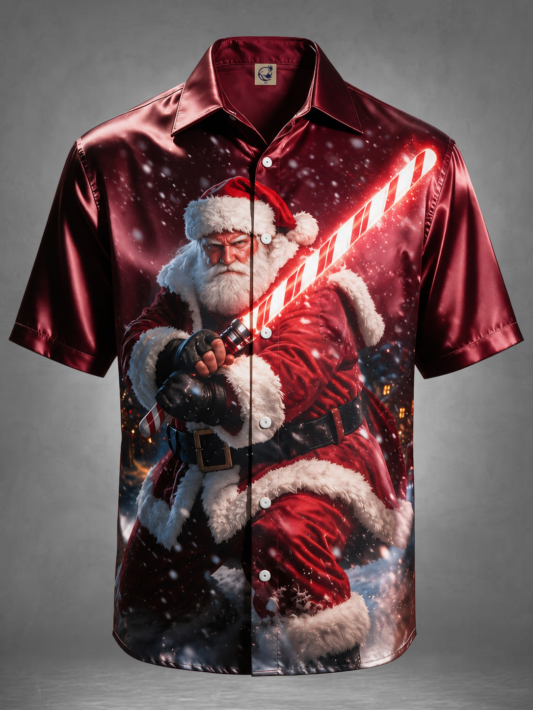 Breathable Silk Satin Christmas Sci‑Fi Warrior Santa Claus Candy Cane Lightsaber Winter Snow Scene Ocket Holiday Hawaiian Shirt