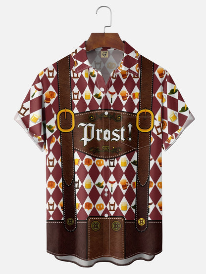 Moisture-Wicking Gradient Oktoberfest Bartender Beer & Pretzel Print  Chest Pocket Hawaiian Shirt