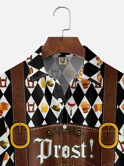 Moisture-Wicking Gradient Oktoberfest Bartender Beer & Pretzel Print  Chest Pocket Hawaiian Shirt