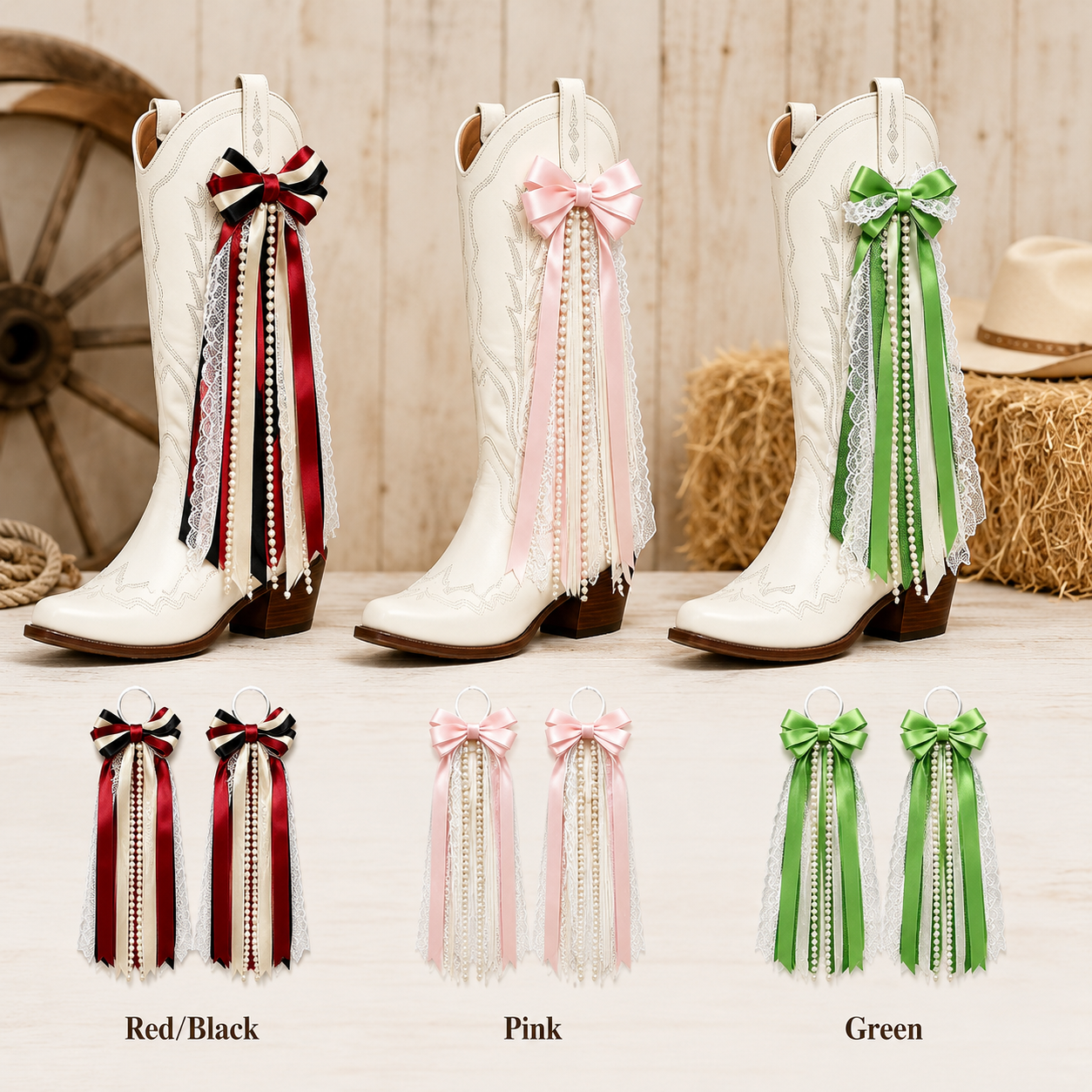 Pair of Pearl and Lace Bows for Cowboy Boots – Detachable Western Boot Accessories for Women