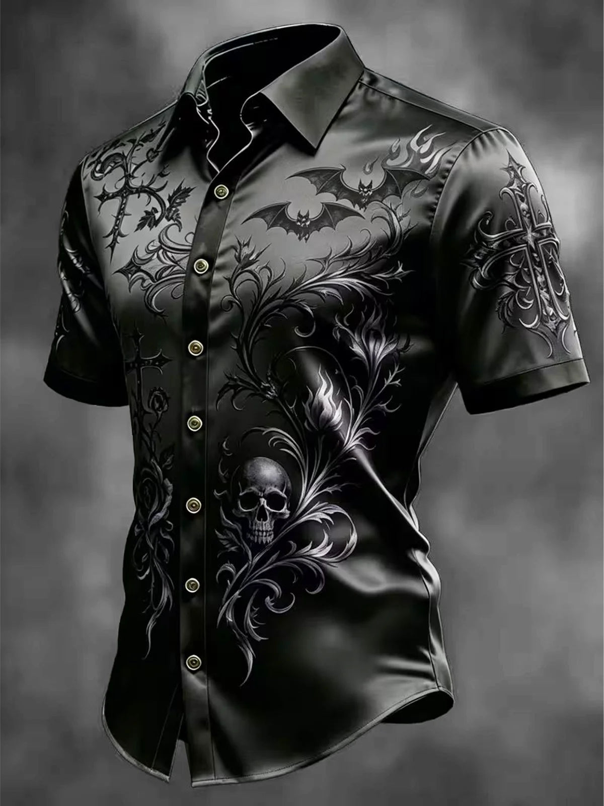 Breathable Silk Satin  Subtle Bat Pattern Halloween Style Casual Shirt