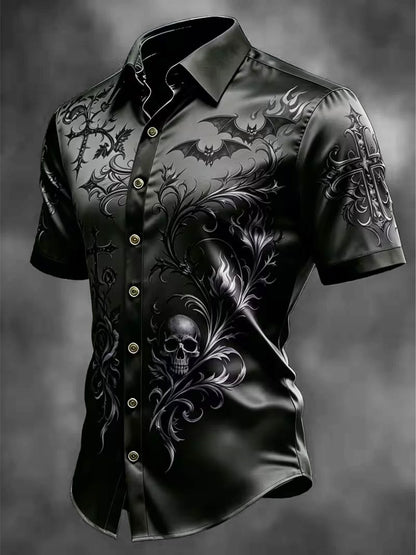Breathable Silk Satin  Subtle Bat Pattern Halloween Style Casual Shirt