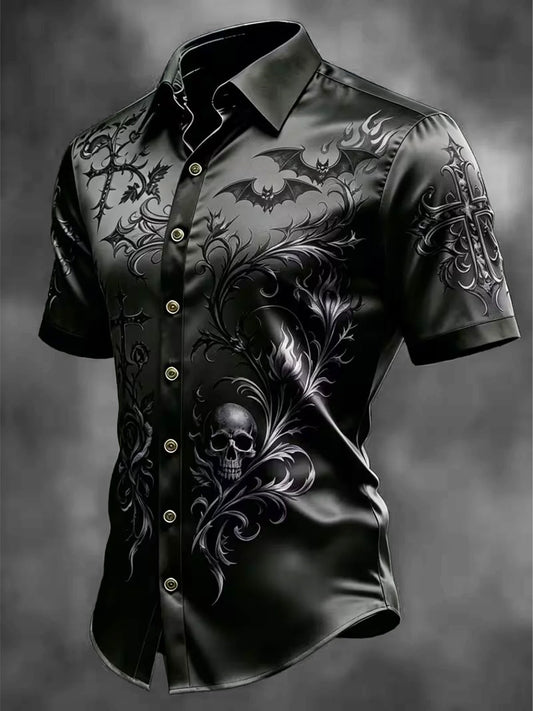 Breathable Silk Satin  Subtle Bat Pattern Halloween Style Casual Shirt