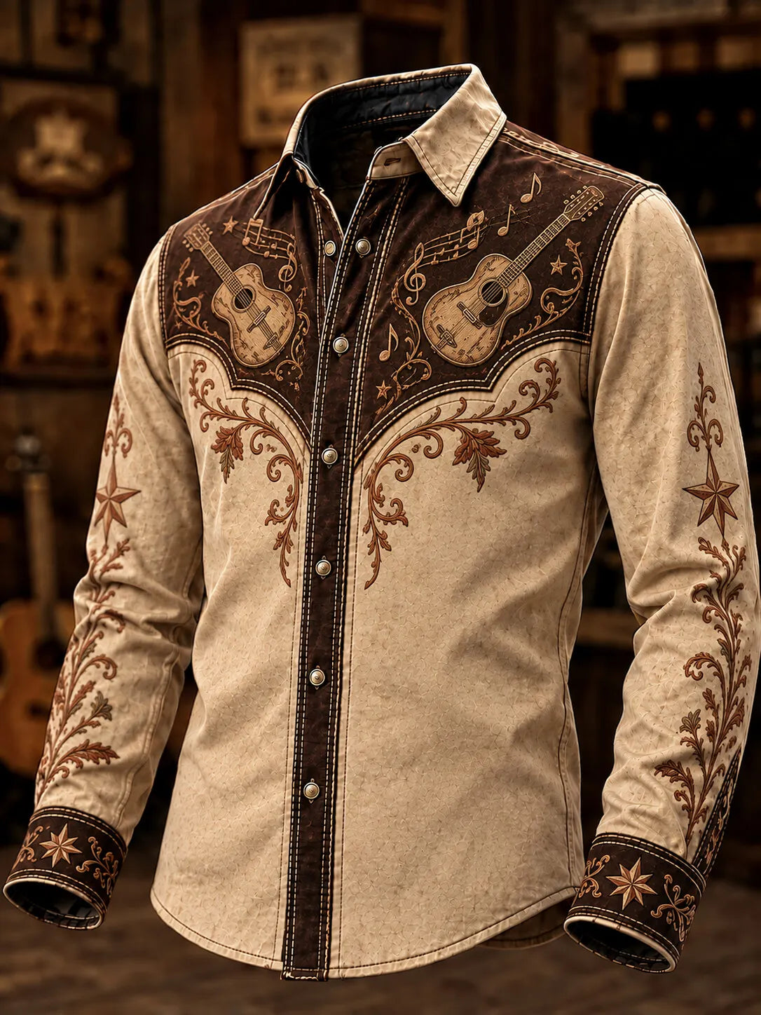 Men's Vintage Western Dual Acoustic Guitars With Musical Not Floral Vine Print Long Sleeve Shirt