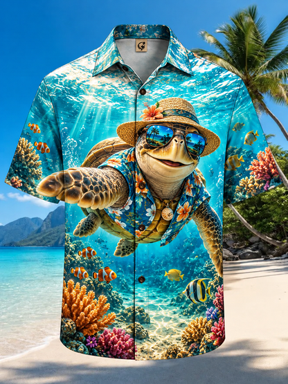 Moisture-Wicking Funny Sea Turtle Straw Hat Sunglasses Underwater Coral Reef Tropical Fish Chest Pocket Hawaiian Shirt