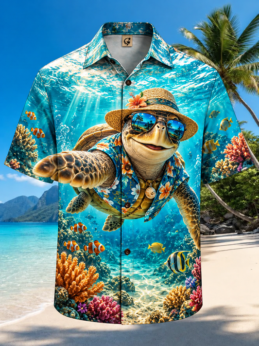 Moisture-Wicking Funny Sea Turtle Straw Hat Sunglasses Underwater Coral Reef Tropical Fish Chest Pocket Hawaiian Shirt