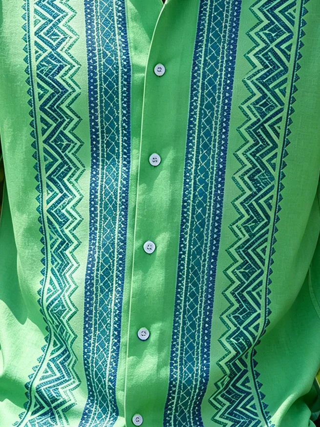 Linen-Texture Abstract Striped Chest Pocket Casual Guayabera Shirt