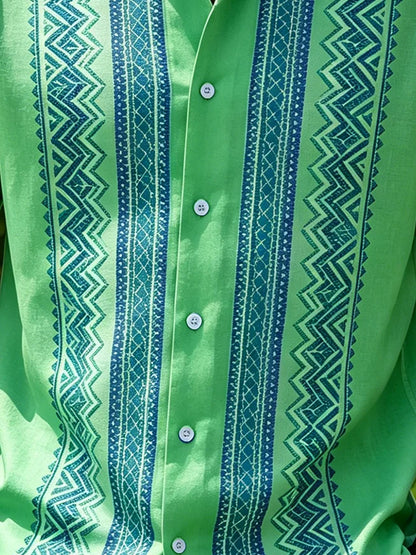 Linen-Texture Abstract Striped Chest Pocket Casual Guayabera Shirt