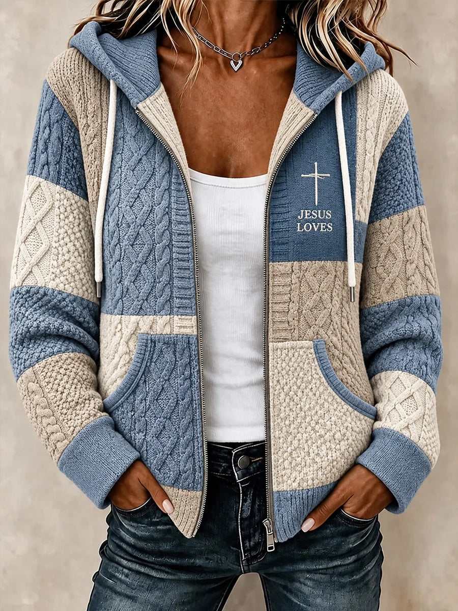 Women's Cross Faith Cable Pattern Print Casual Zipper Hoodie