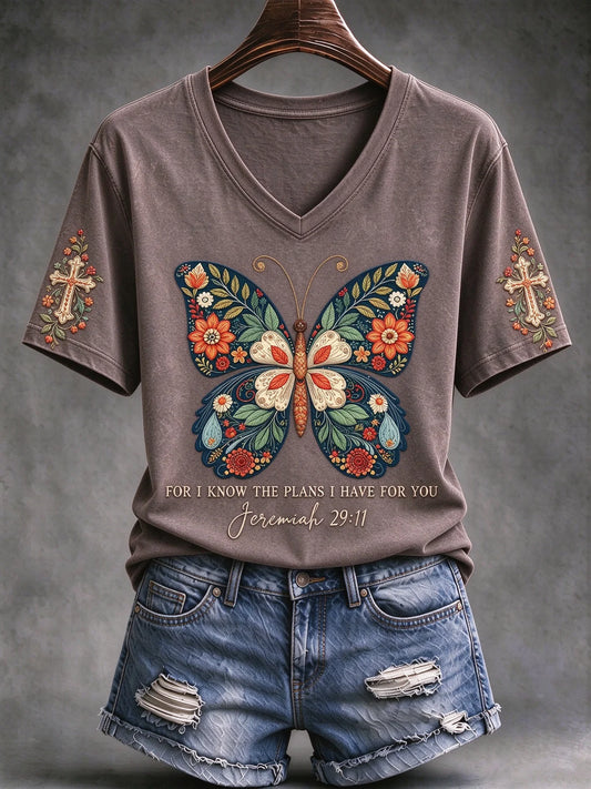 Women's Retro For I Know The Plans I Have For You Butterfly Print Cozy T-shirt