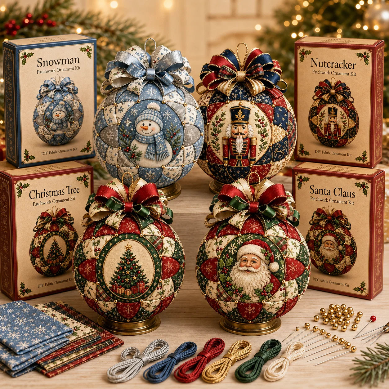 Christmas Classics Patchwork Ornament DIY Kit - Handmade Fabric Holiday Decor - Snowman, Santa & More