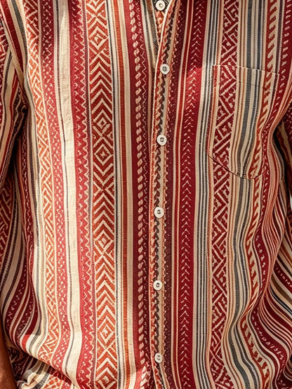 Linen-Texture Geometric Stripe  Chest Pocket Holiday Hawaiian Shirt