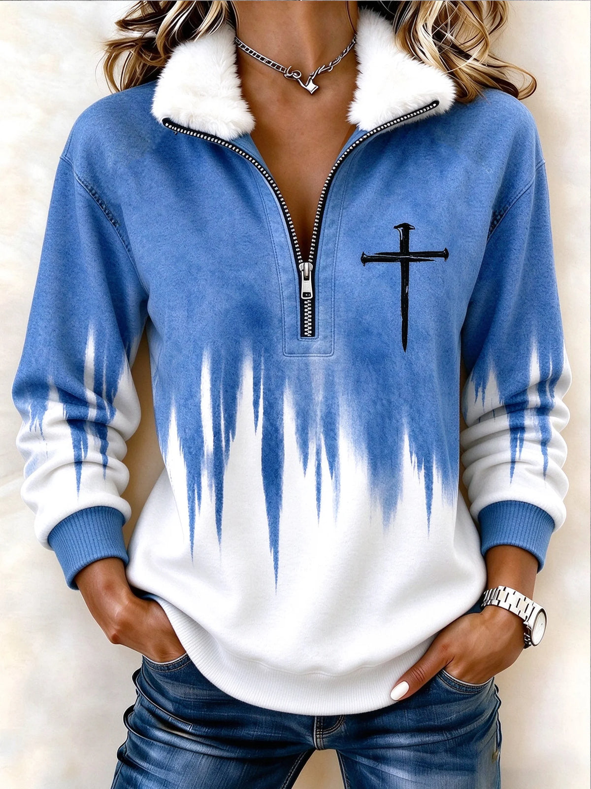 Women's Casual Long-Sleeve Sweatshirt with Faith Cross Patchwork