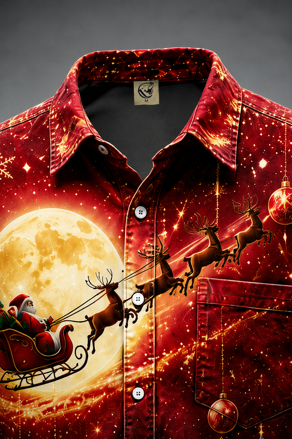 Moisture-Wicking  Christmas Santa Reindeer Tree  Chest Pocket Long-Sleeve Casual Shirt