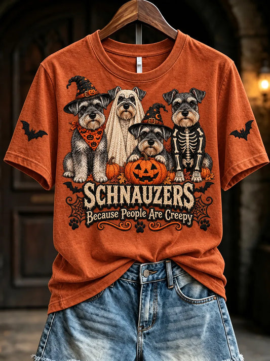 Women's Schnauzers Because People Are Creepy Halloween Print Short-sleeved T-shirt