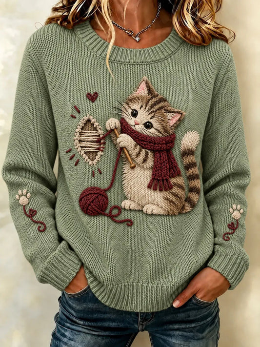 Women's Cute Kitten Yarn Ball Graphic Sweater