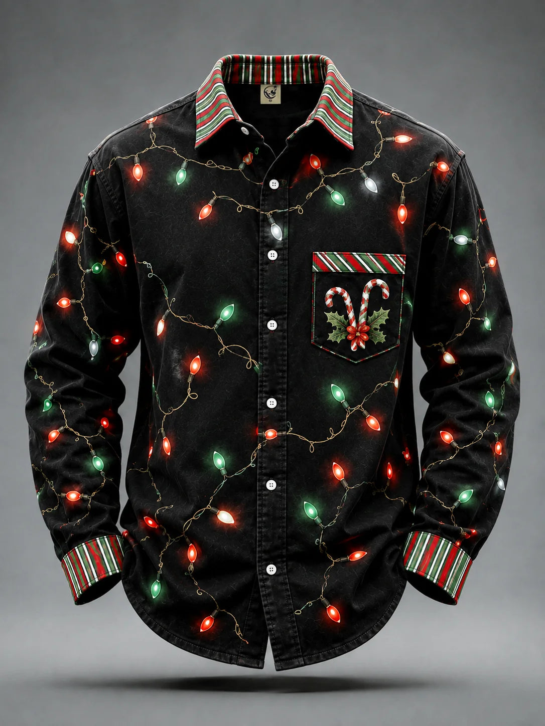 Moisture-Wicking Christmas Lights & Candy Cane Chest Pocket  Long-Sleeve Casual Shirt