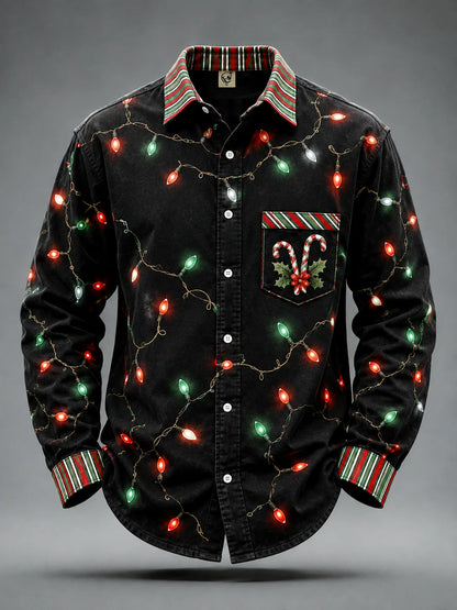 Moisture-Wicking Christmas Lights & Candy Cane Chest Pocket  Long-Sleeve Casual Shirt