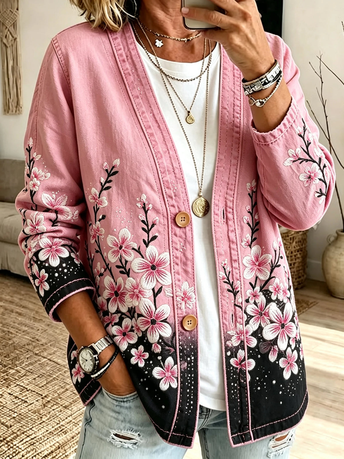 Women's Retro Pink Floral Print Casual Cardigan