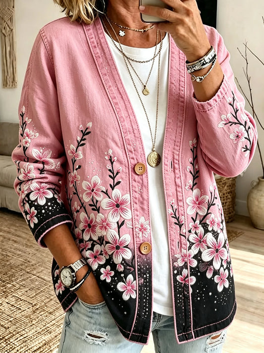 Women's Retro Pink Floral Print Casual Cardigan