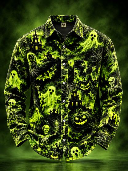 Moisture-Wicking Halloween Castle Pumpkin Ghost Bat Chest Pocket Long-Sleeve Casual Shirt