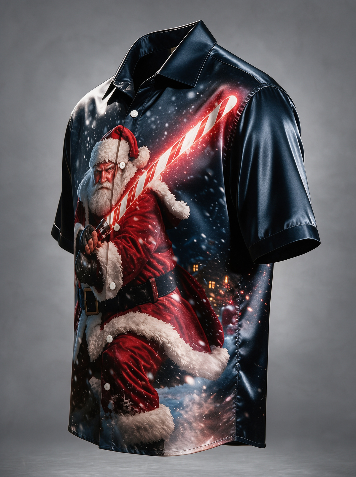 Breathable Silk Satin Christmas Sci‑Fi Warrior Santa Claus Candy Cane Lightsaber Winter Snow Scene Ocket Holiday Hawaiian Shirt