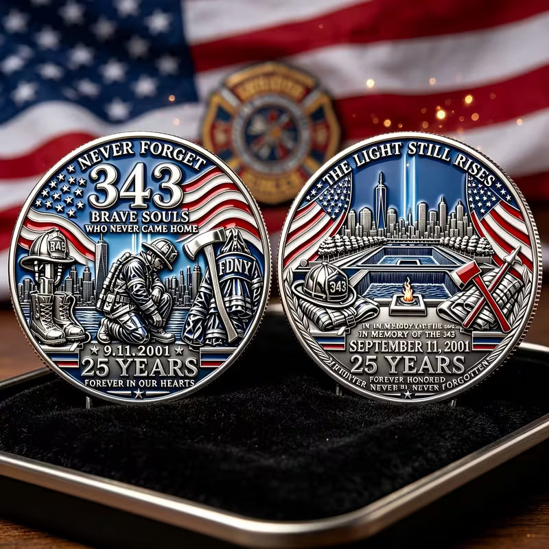 9/11 25th Anniversary Firefighter Challenge Coin - 343 Heroes Never Forget Memorial Coin