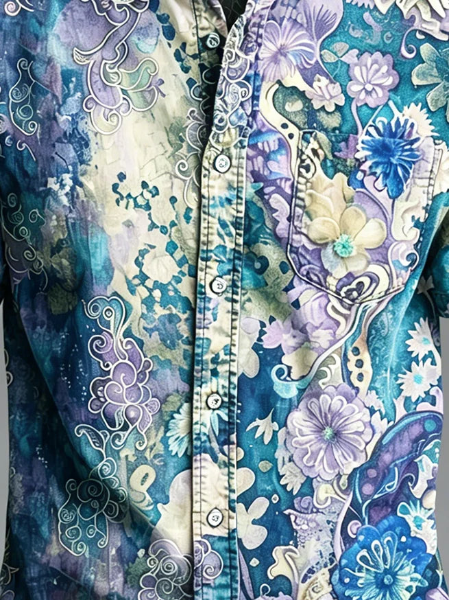 Moisture-Wicking Abstract Gradient Floral Print Chest Pocket Hawaiian Shirt
