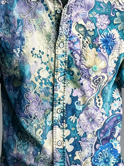 Moisture-Wicking Abstract Gradient Floral Print Chest Pocket Hawaiian Shirt